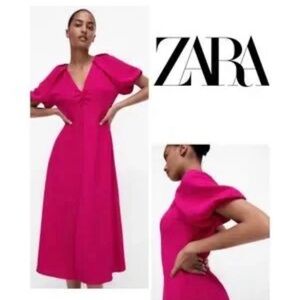 ZARA Balloon Sleeve Midi Dress in Fuchsia
